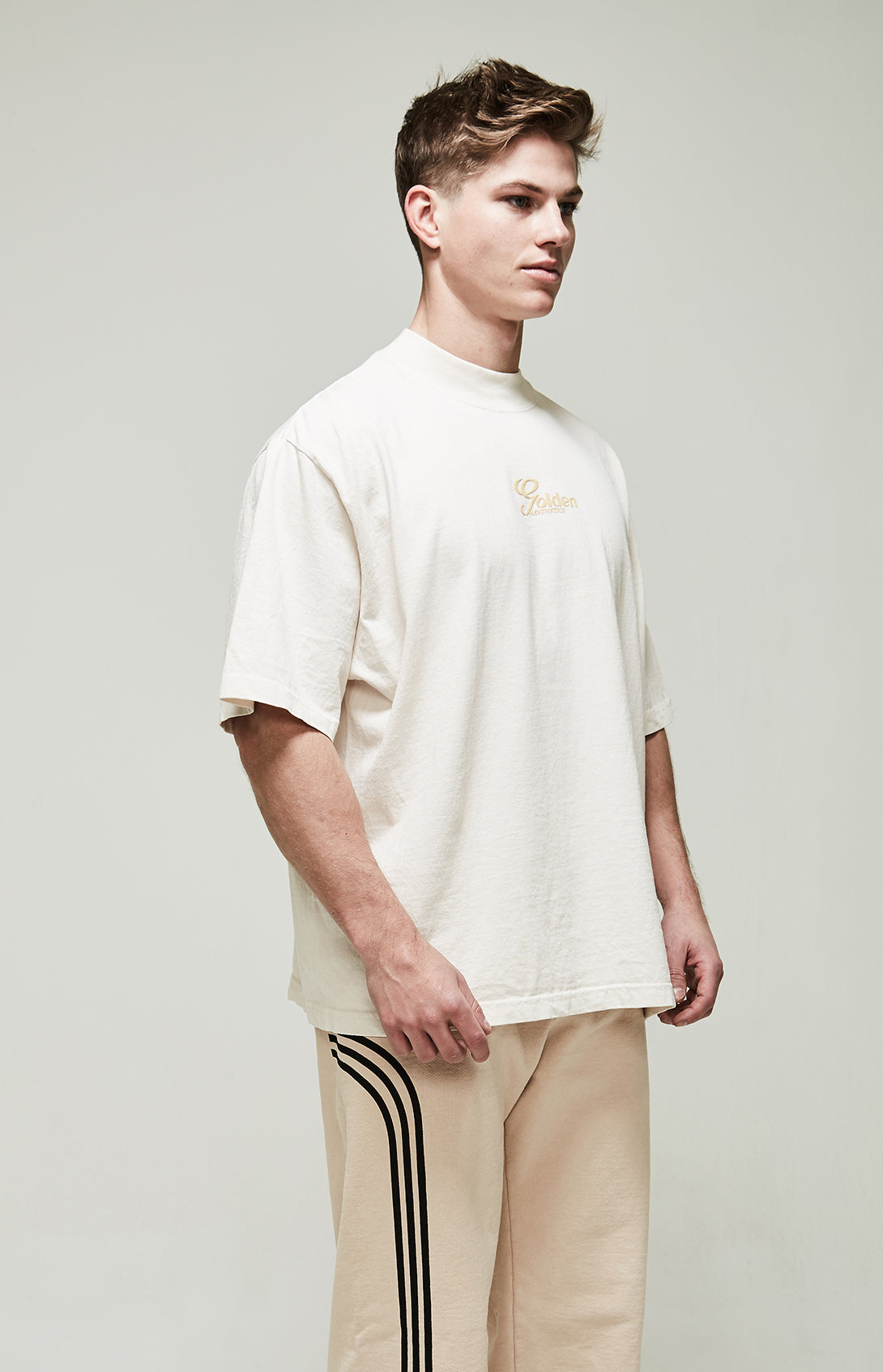 Men's Cream Oversized High mock T-Shirt