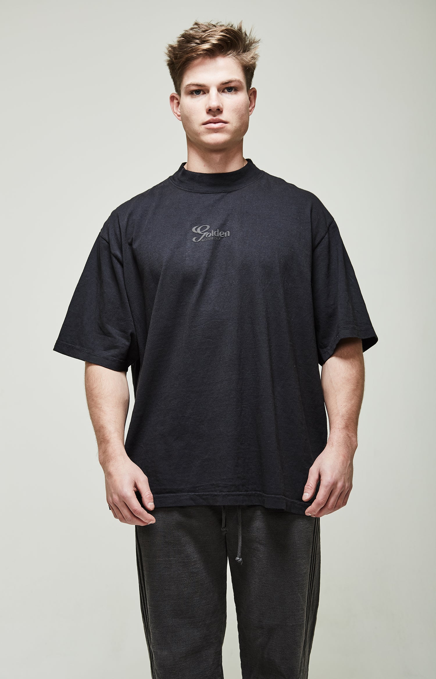 Men's Off Black Oversized High Mock T-Shirt