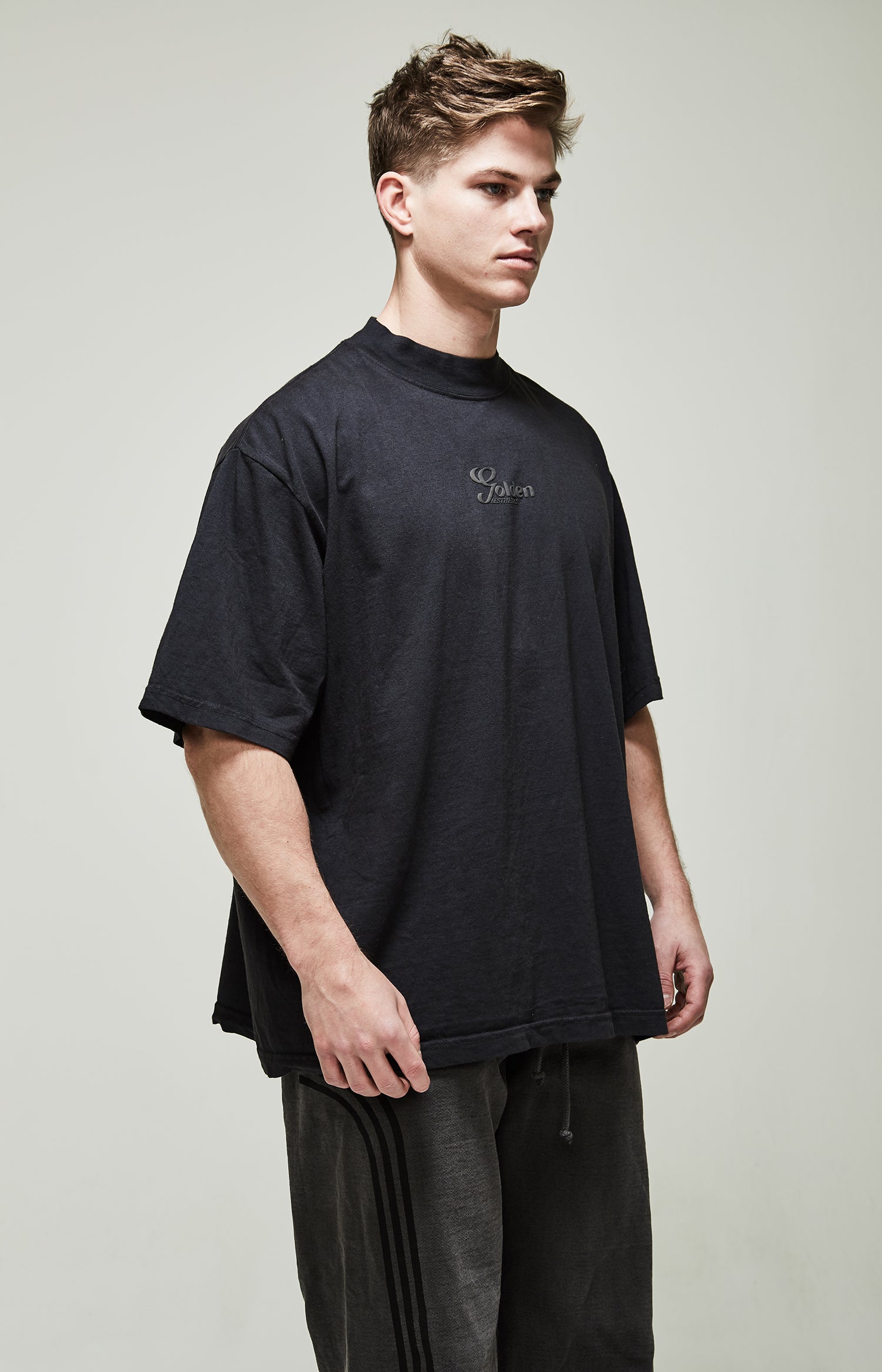 Men's Off Black Oversized High Mock T-Shirt