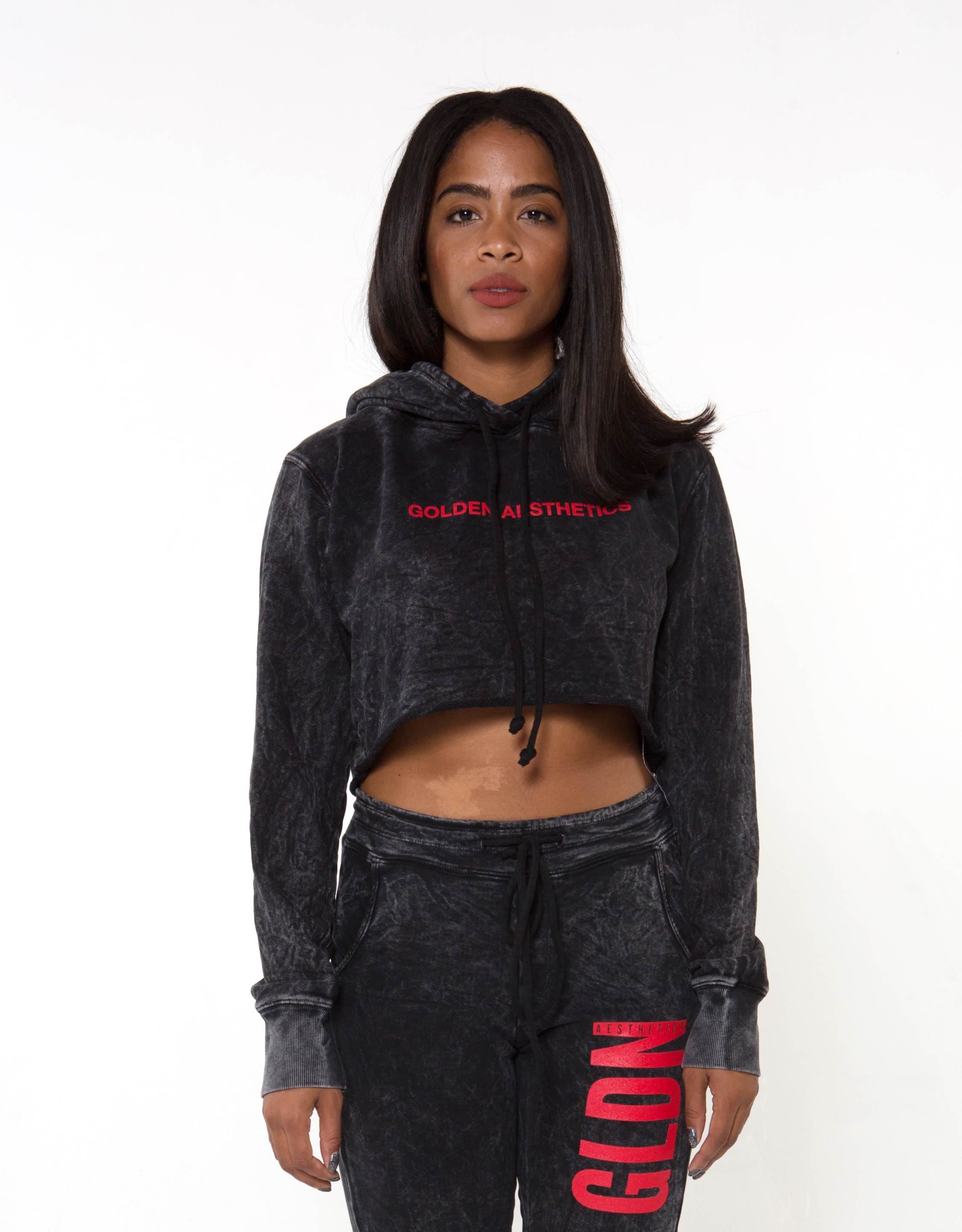 GA Her Raw Crop Hoodie - Black - Golden Aesthetics