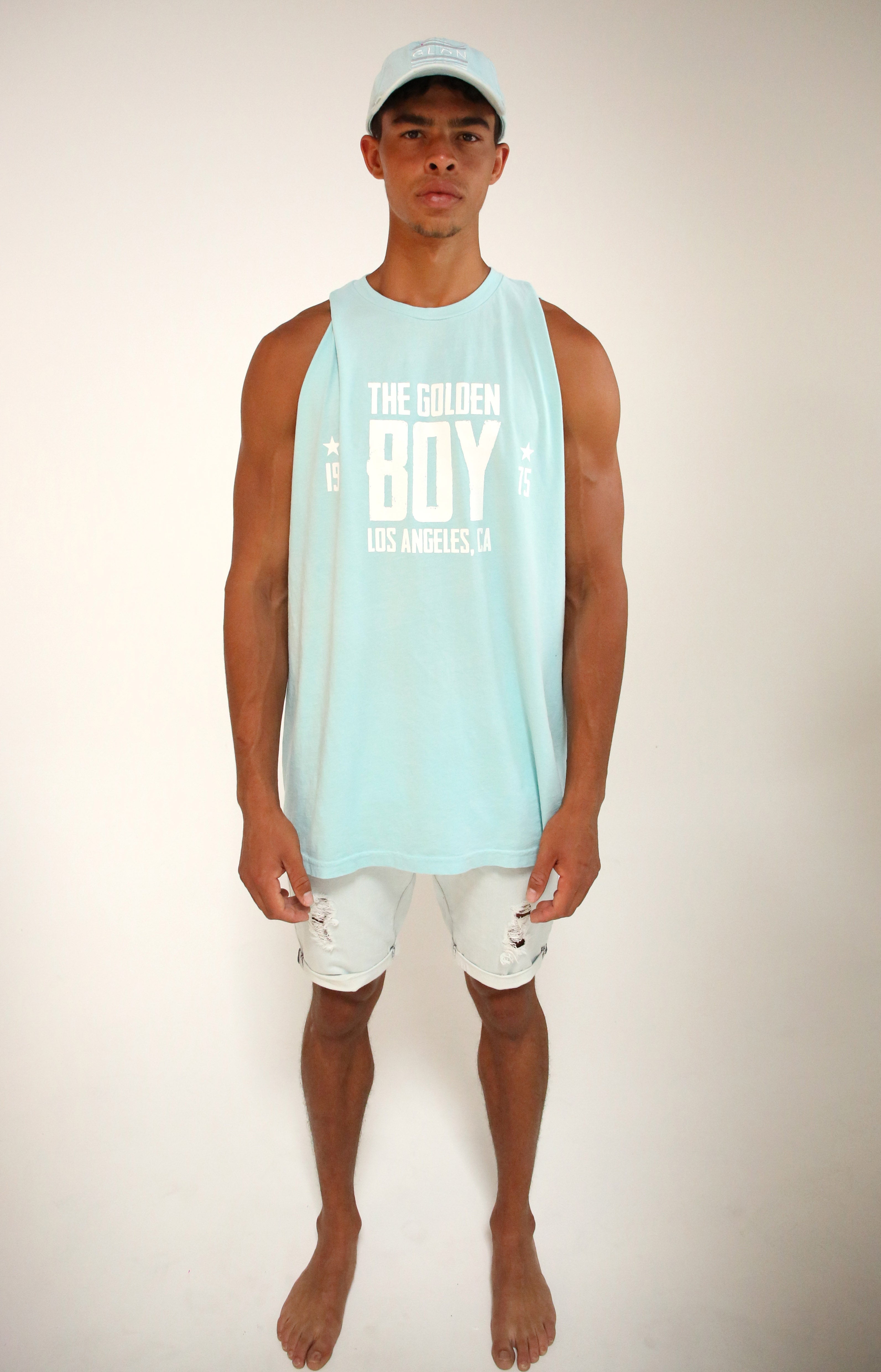 Oversized Blue Water Golden Boy Muscle Tank