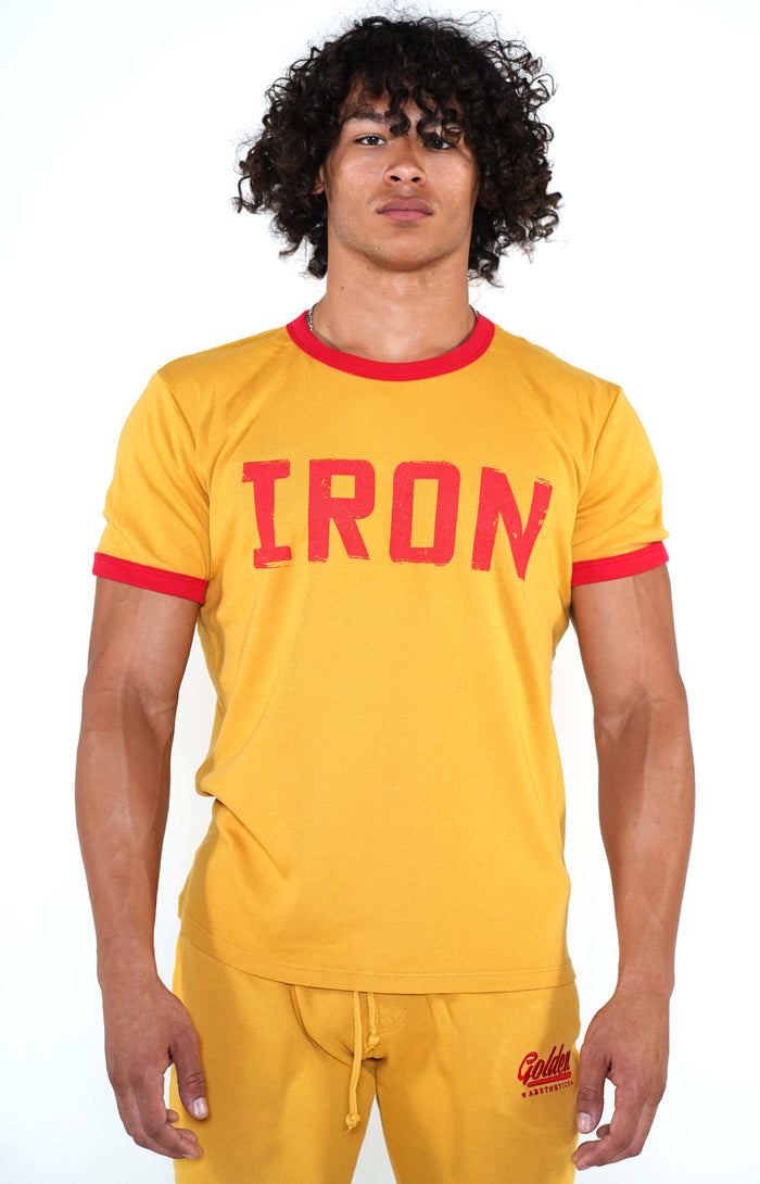 Men's Mustard/Red Iron Ringer T-Shirt - Golden Aesthetics
