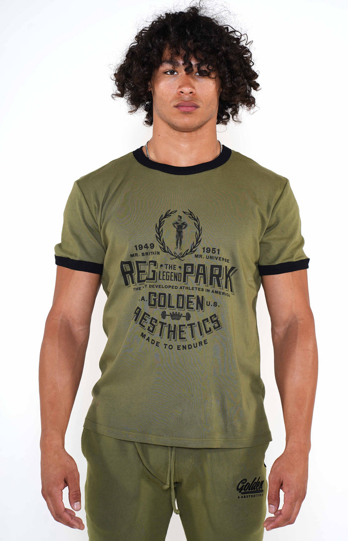 Men's Army Green/Black Reg Park Ringer T-Shirt - Golden Aesthetics