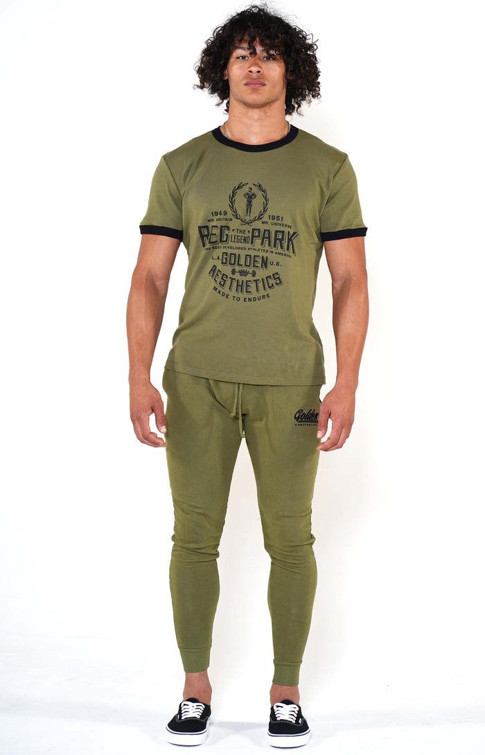 Men's Army Green/Black Reg Park Ringer T-Shirt - Golden Aesthetics