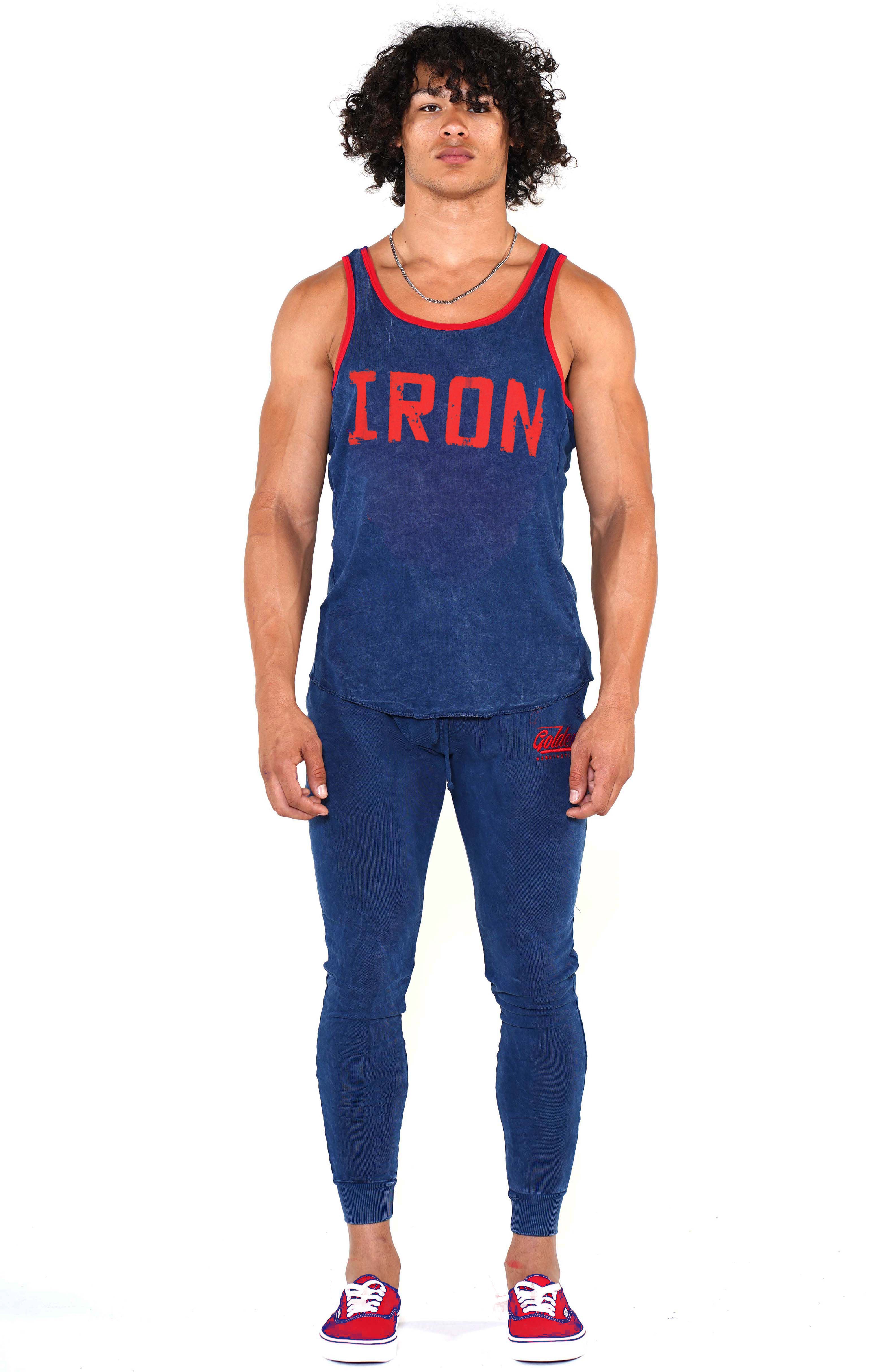 Men's Navy Iron Ringer Tank - Golden Aesthetics