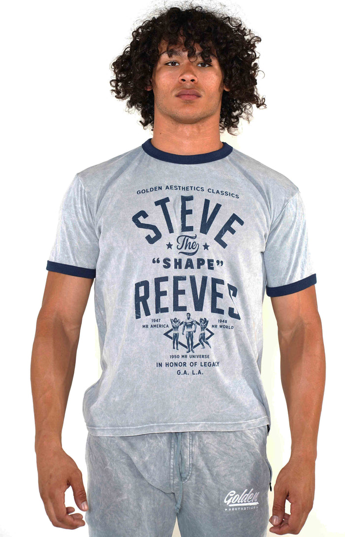 Men's Cool Grey/Navy Steve Reeves Ringer T-Shirt - Golden Aesthetics