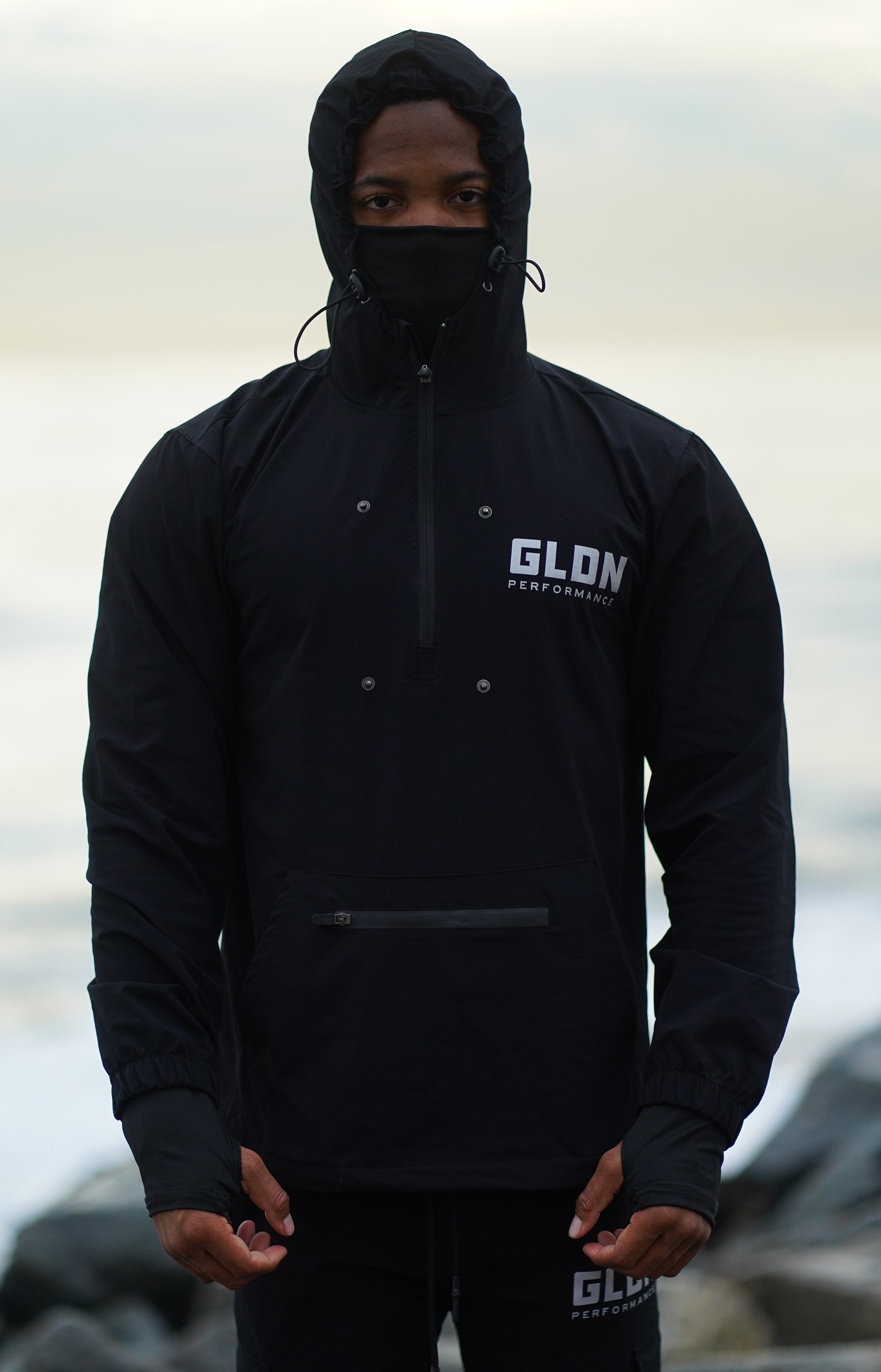 Black Pullover Hooded Windbreaker