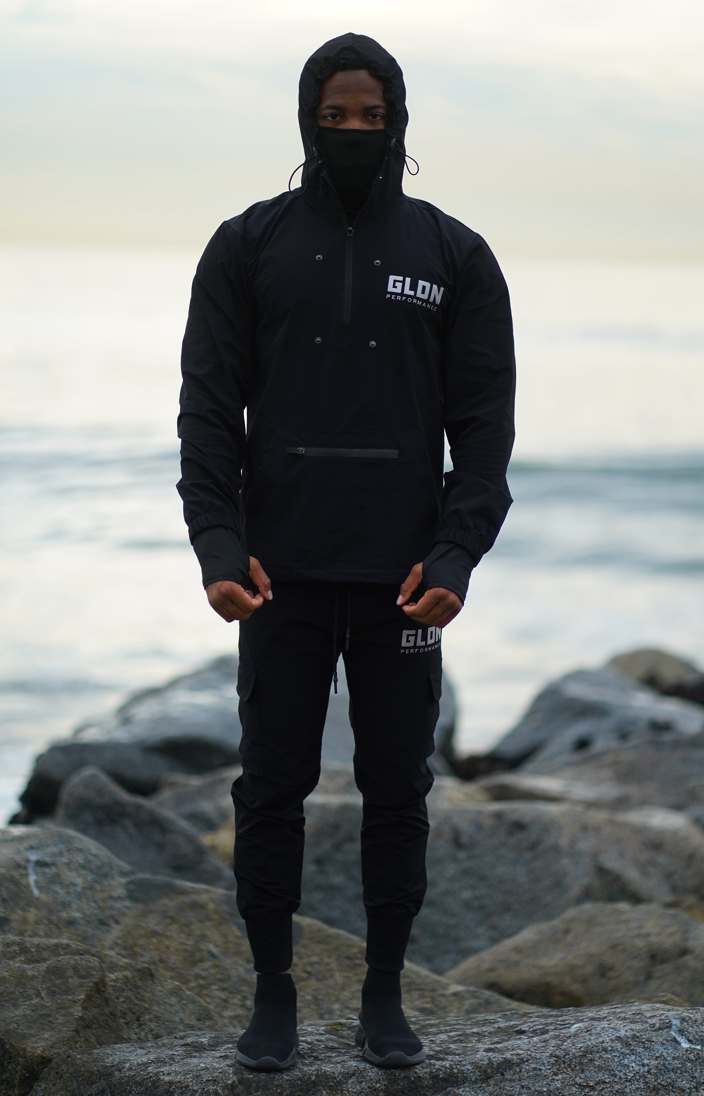 Black Pullover Hooded Windbreaker