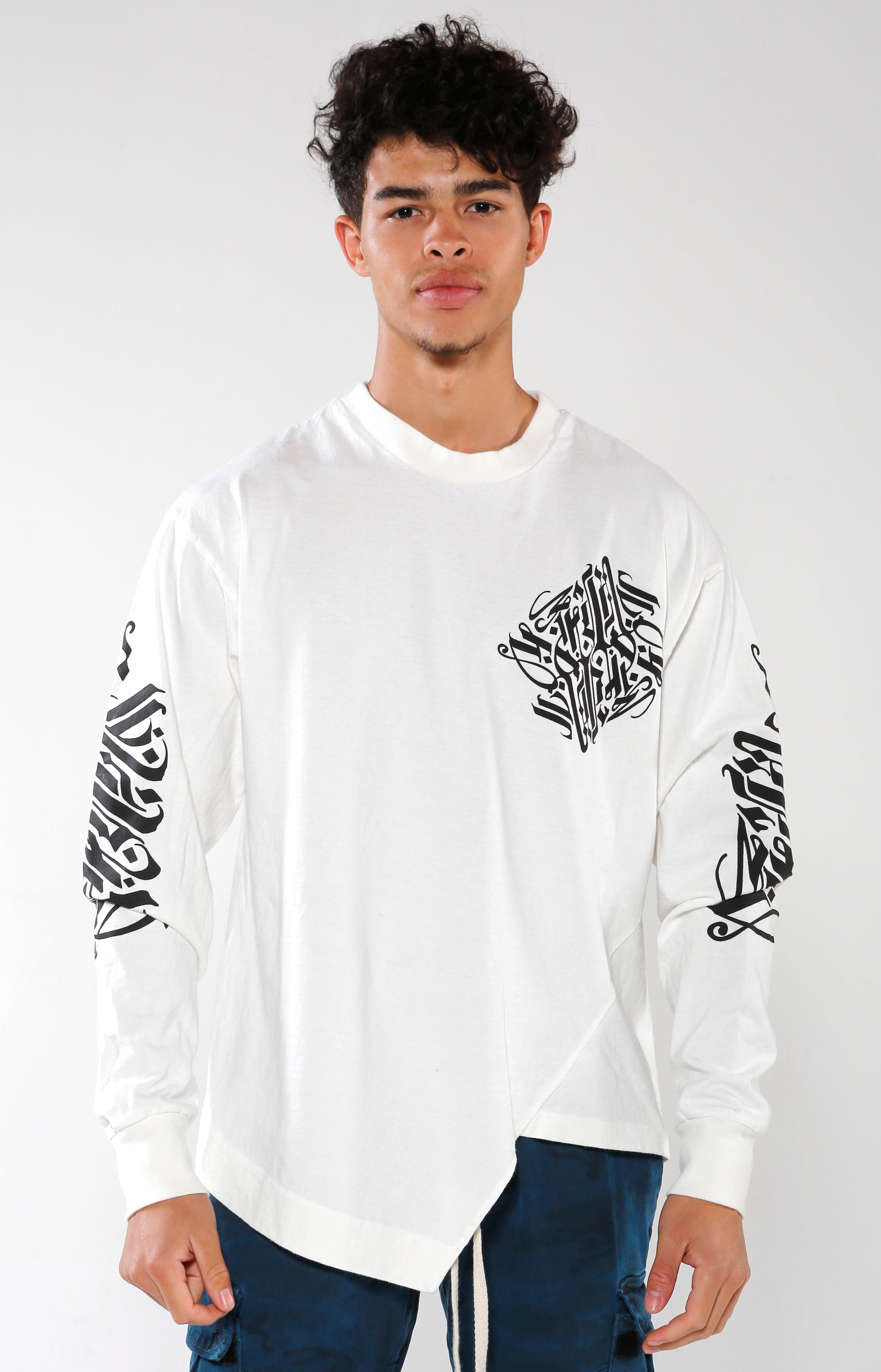 Men's White Long Sleeve Calligraffiti Top | Golden Aesthetics - Golden Aesthetics
