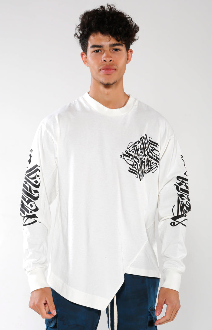 Men's White Long Sleeve Calligraffiti Top | Golden Aesthetics - Golden Aesthetics