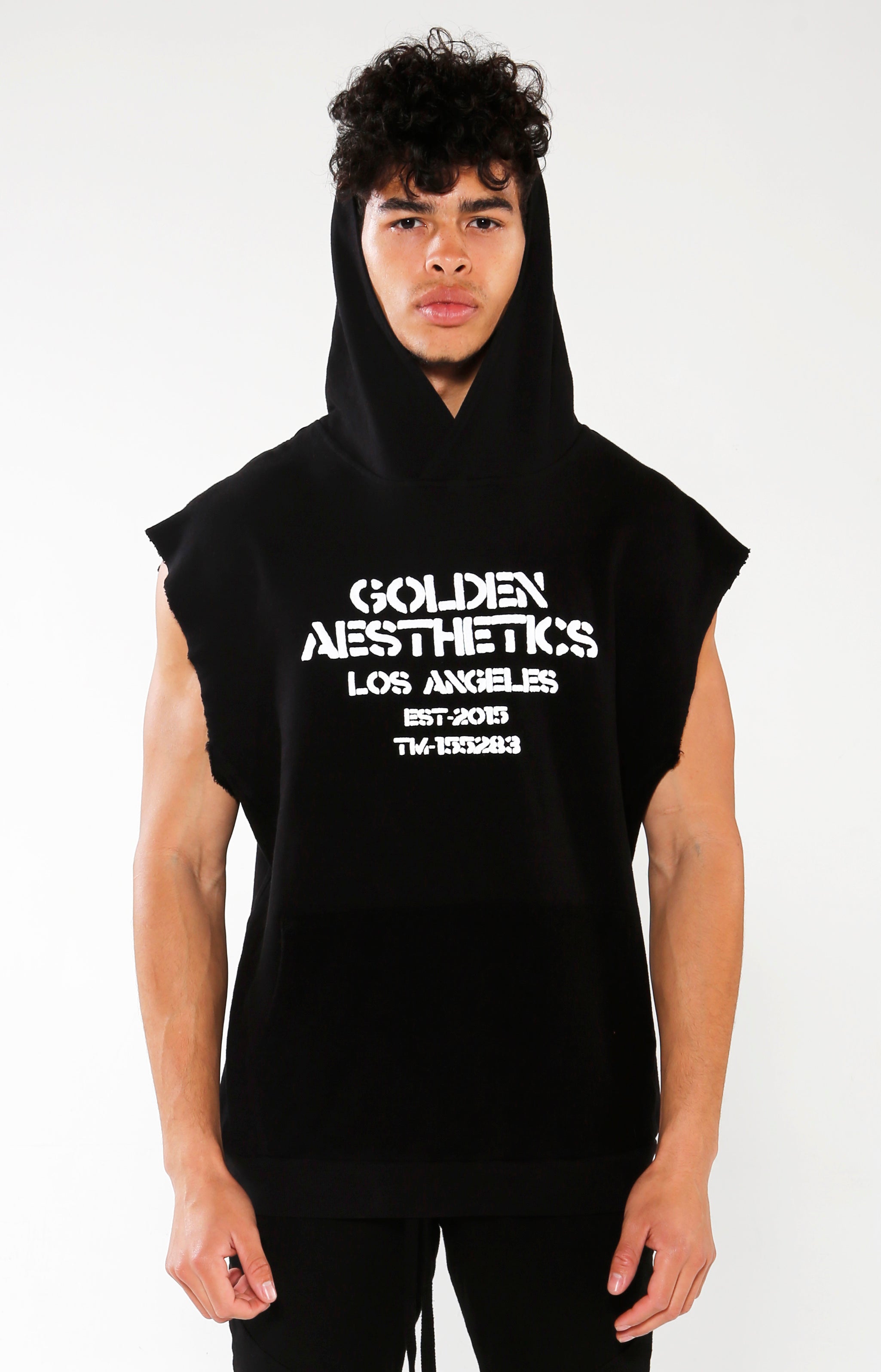 Men's Black Embossed Sleeveless Hoodie | Golden Aesthetics - Golden Aesthetics