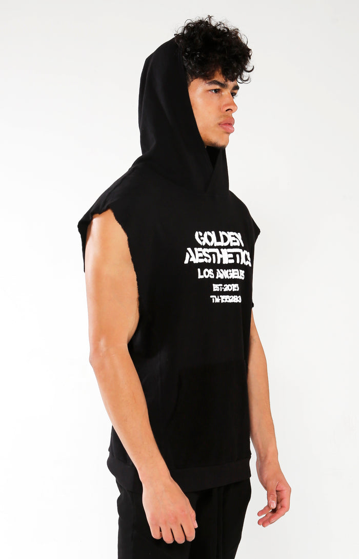 Men's Black Embossed Sleeveless Hoodie | Golden Aesthetics - Golden Aesthetics
