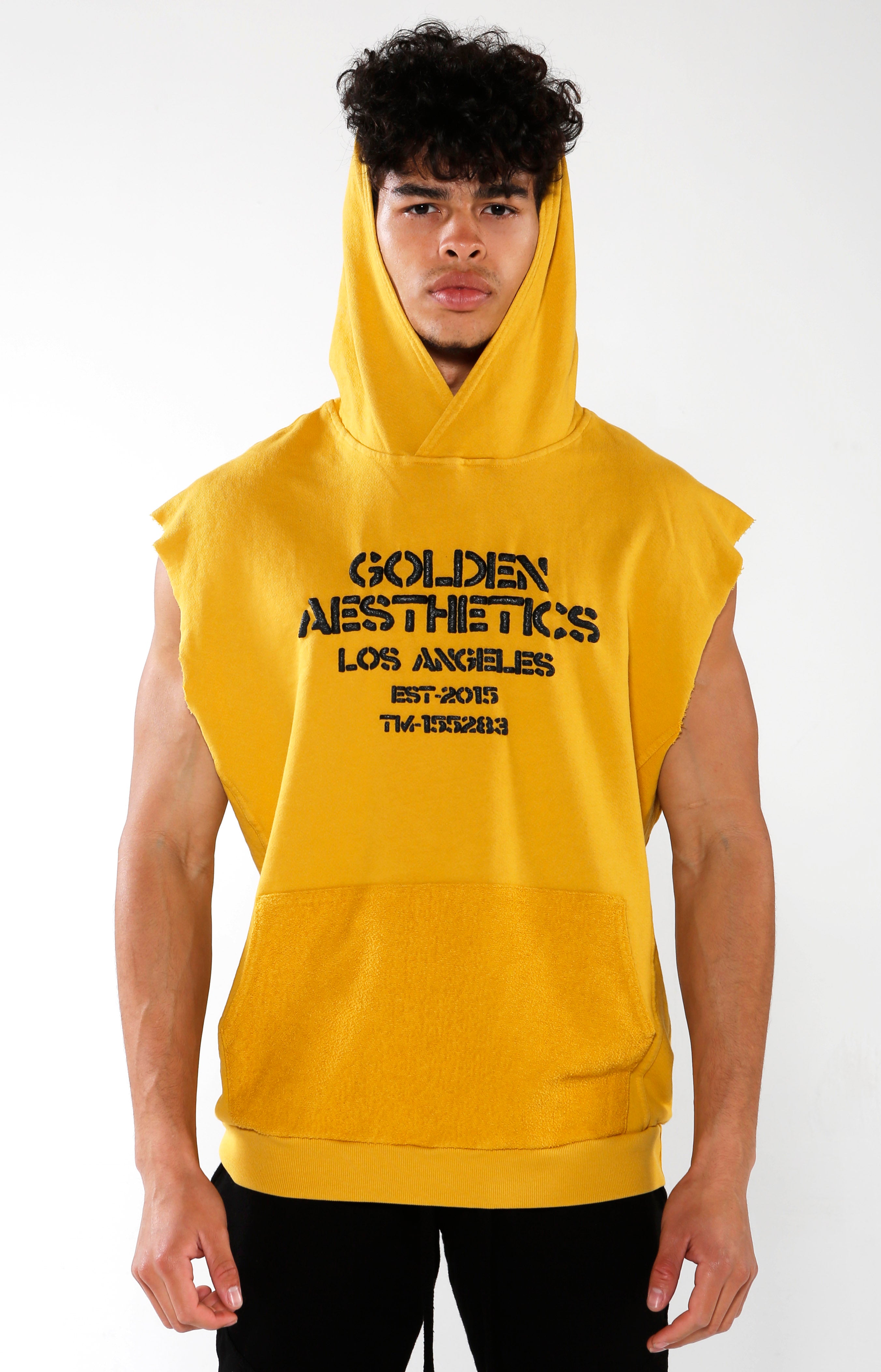 Men's Yellow Embossed Sleeveless Hoodie | Golden Aesthetics - Golden Aesthetics