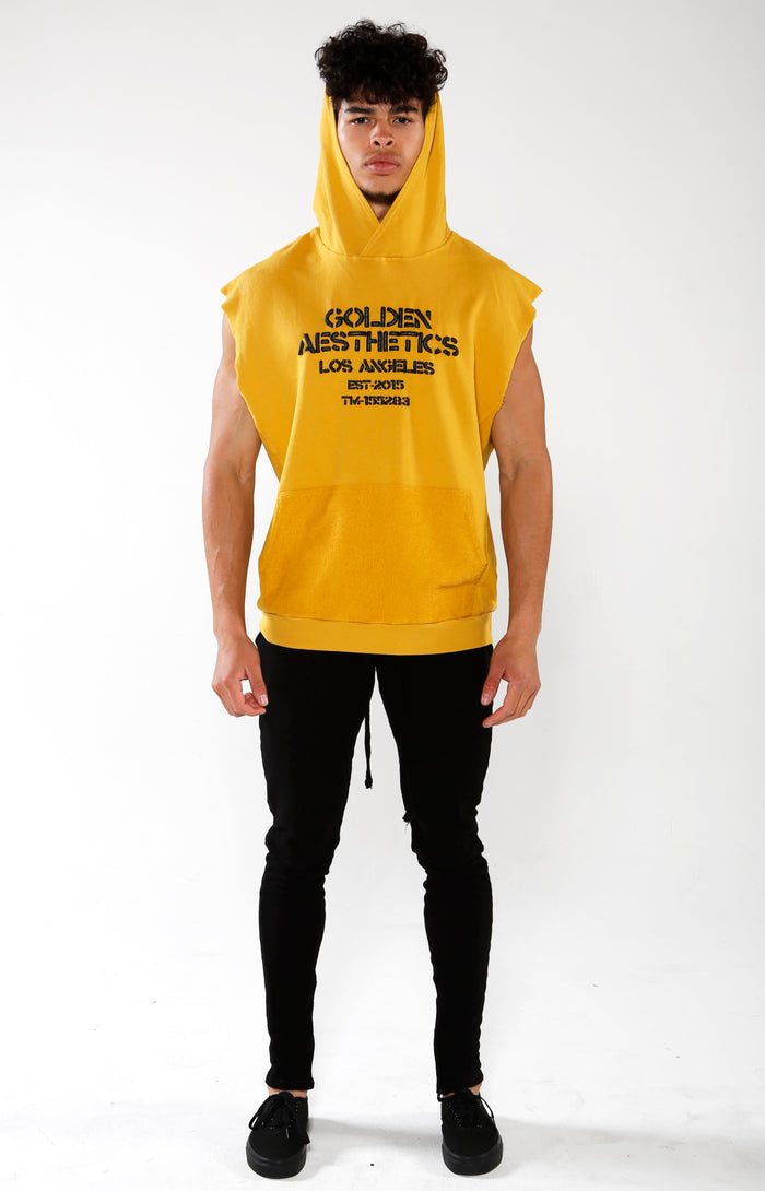 Men's Yellow Embossed Sleeveless Hoodie | Golden Aesthetics - Golden Aesthetics