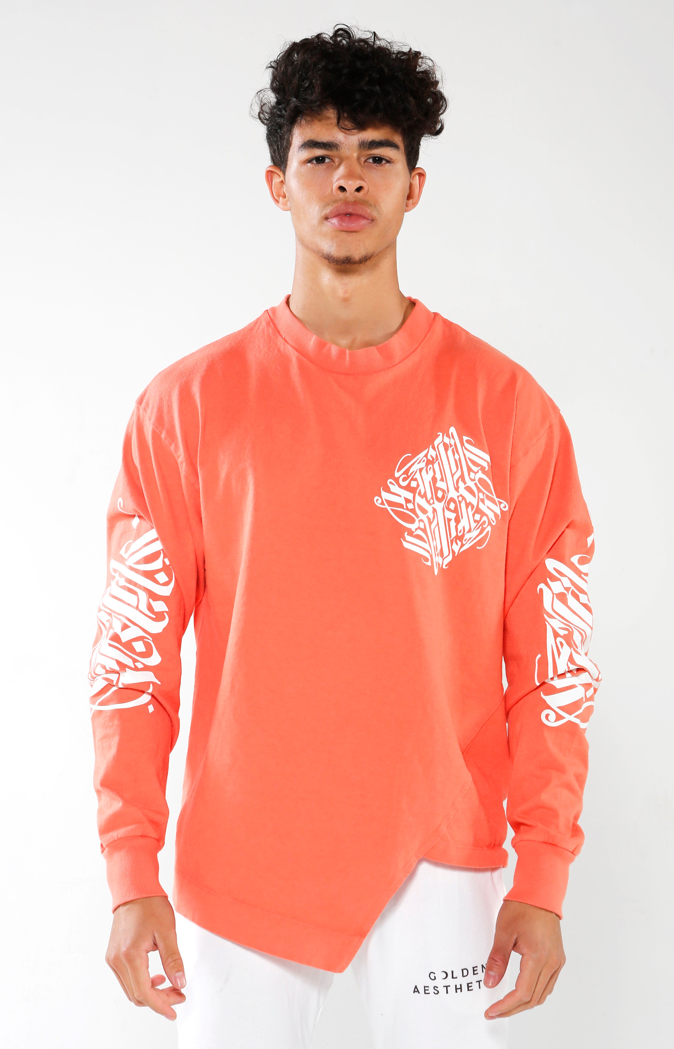 Men's Coral Long Sleeve Calligraffiti Top | Golden Aesthetics - Golden Aesthetics
