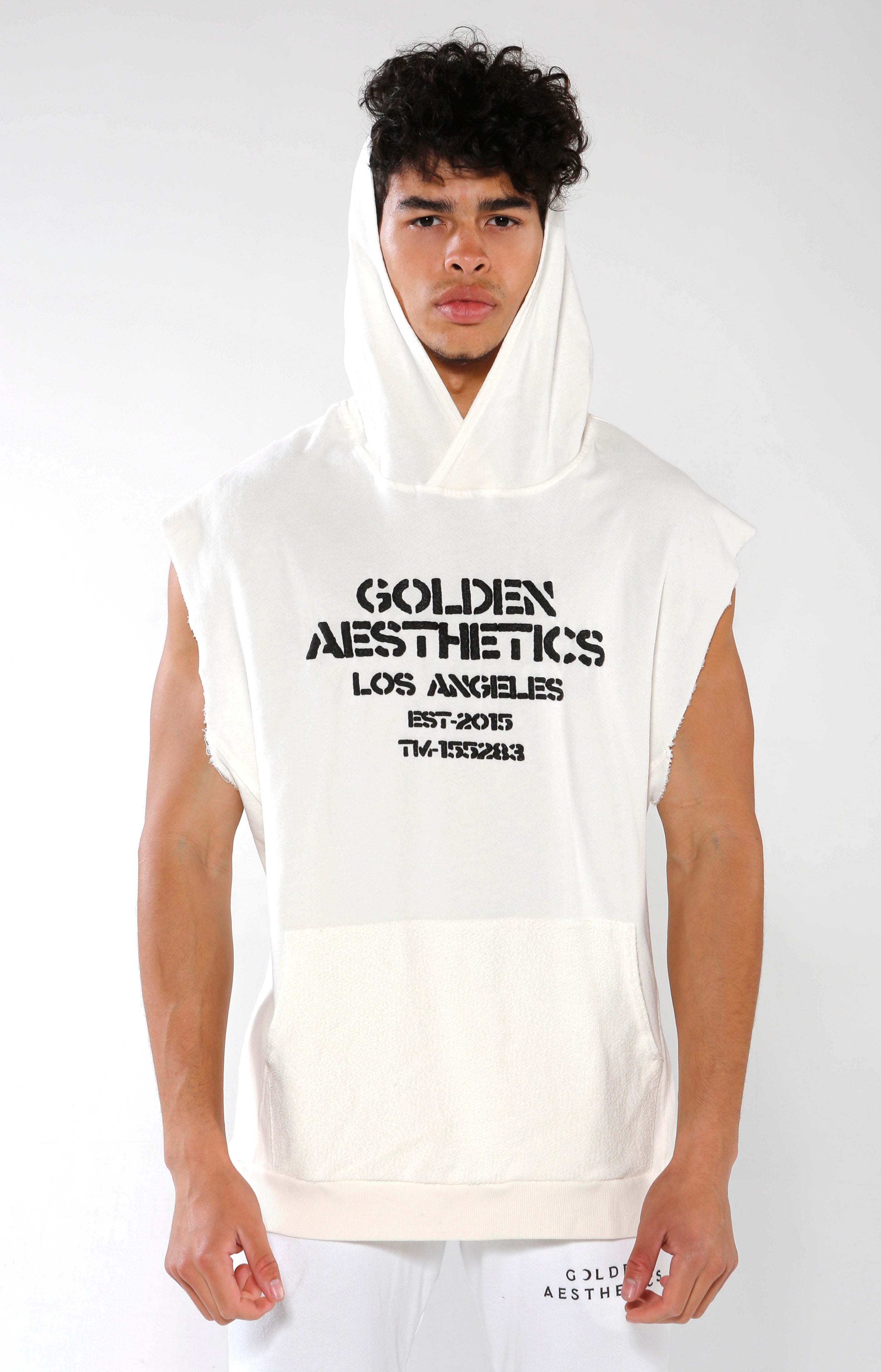 Men's White Embossed Sleeveless Hoodie | Golden Aesthetics - Golden Aesthetics