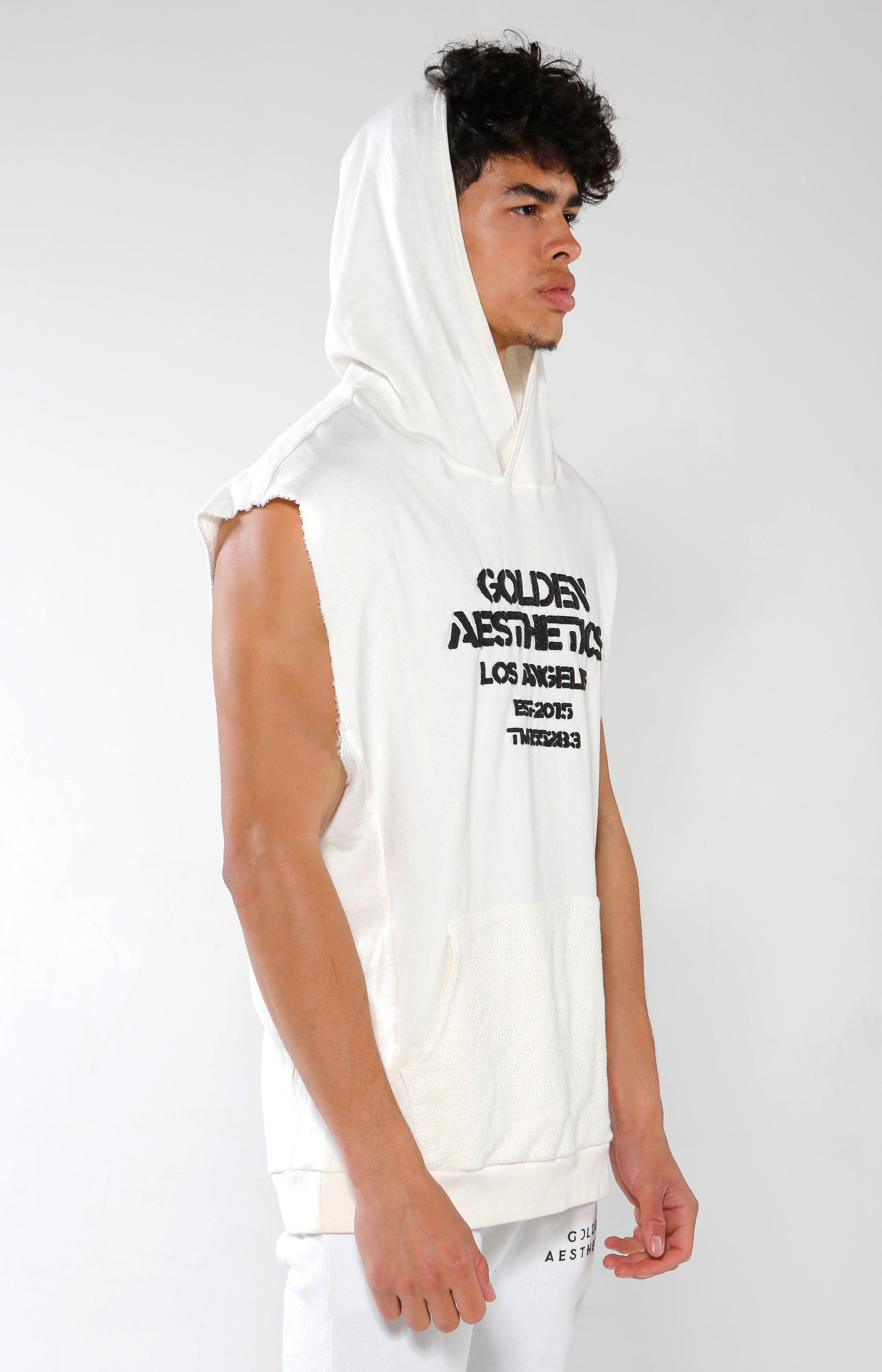 Men's White Embossed Sleeveless Hoodie | Golden Aesthetics - Golden Aesthetics