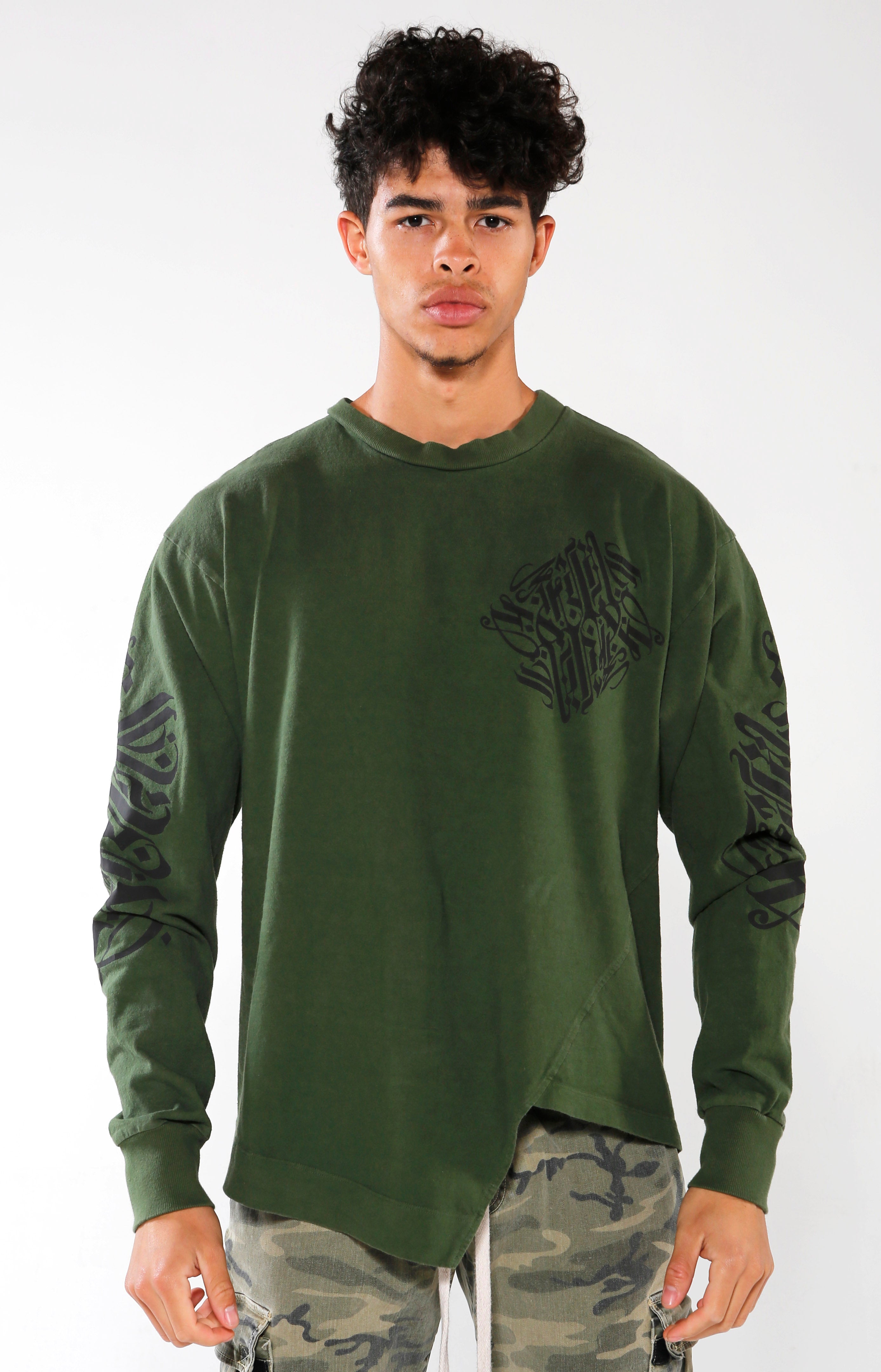 Men's Olive Long Sleeve Calligraffiti Top | Golden Aesthetics - Golden Aesthetics