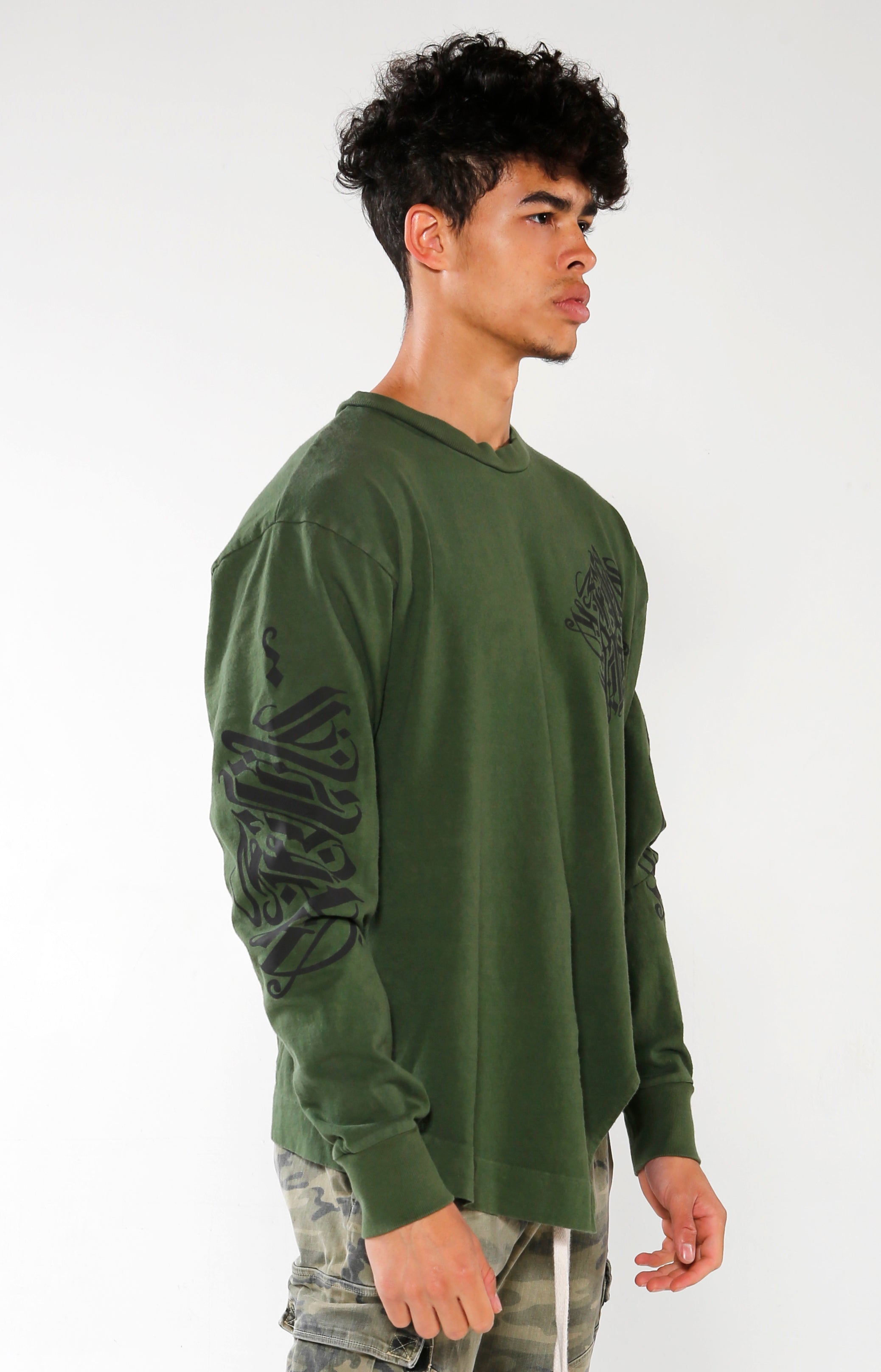Men's Olive Long Sleeve Calligraffiti Top | Golden Aesthetics - Golden Aesthetics